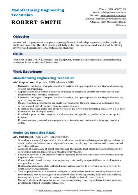 Engineering Technician Resume Samples | QwikResume