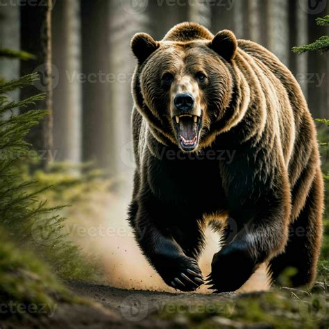 photo of big angry grizzly bear running in the jungle, generative AI ...