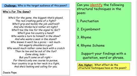 'Who's for the Game?' Jessie Pope | Teaching Resources