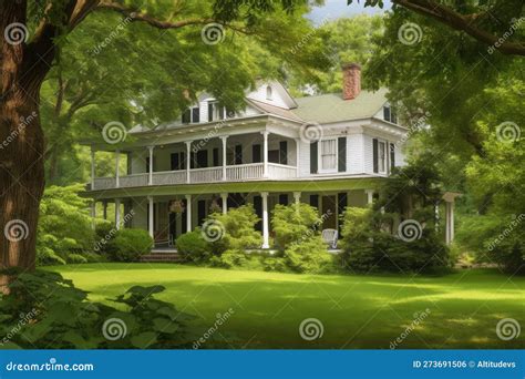 Colonial House with Wrap-around Porch, Surrounded by Lush Greenery Stock Illustration ...