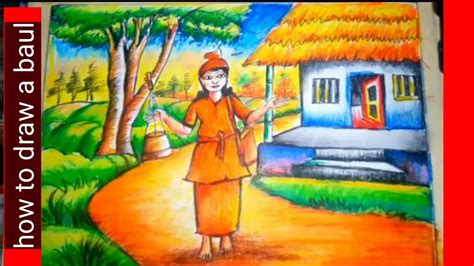 how to draw a baul step by step pastel colour // Indian village scenery ...