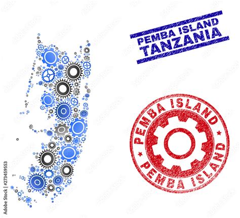 Mechanics vector Pemba island map collage and stamps. Abstract Pemba ...