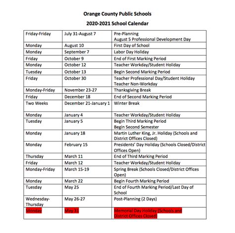 Orange County Public Schools Calendar 2020-2021