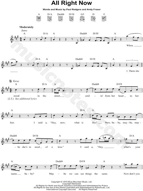 Free "All Right Now" Sheet Music in A Major (transposable) - Download & Print - SKU: MN0088261