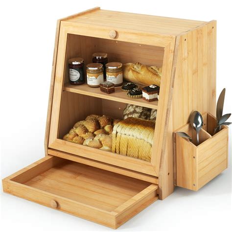 Ollieroo Bamboo Bread Box for Kitchen Counter 2 Layer Adjustable Bread Bin with Glass Window and ...