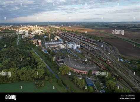 Railway turntable for locomotives aerial panorama landscape view,Nymburk trainstation,Europe ...