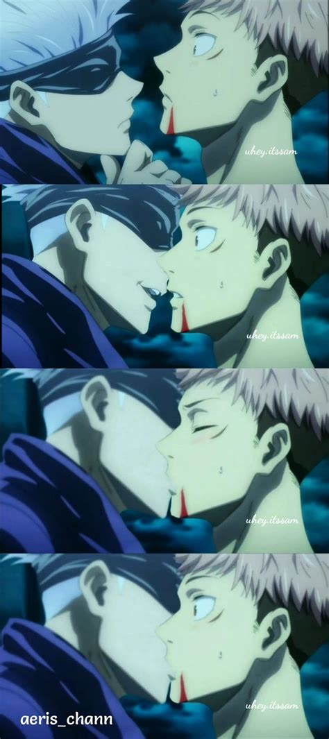 two anime characters are kissing in front of each other