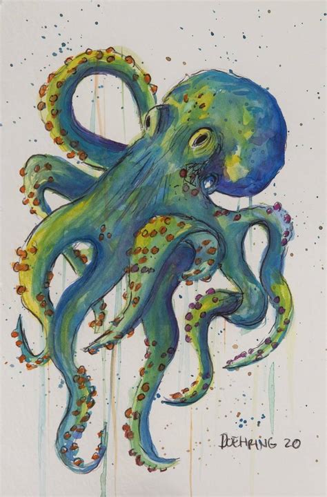 Watercolor original portrait woman squid octopus original on watercolor ...