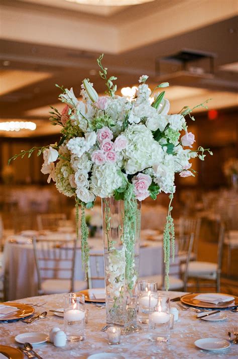 Ivory, Green and Blush Tall Wedding Reception Centerpieces