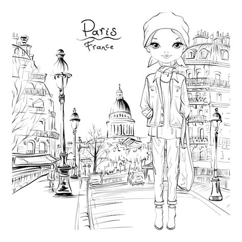 Premium Vector | Vector cute girl in autumn clothes in paris france black and white illustration ...