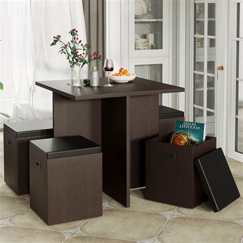 Kitchen Table and Chairs for 4, Modern Small Dining Table with Storage Ottoman, Espresso Faux ...