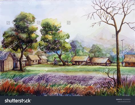 Watercolor Countryside Landscapehand Drawing Watercolor Illustration ...