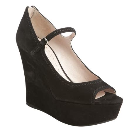 Miu miu Black Suede Peep Toe Mary Jane Wedges in Black | Lyst