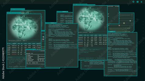 Virtual interface or HUD displaying multiple windows with hacker code running on them Stock ...