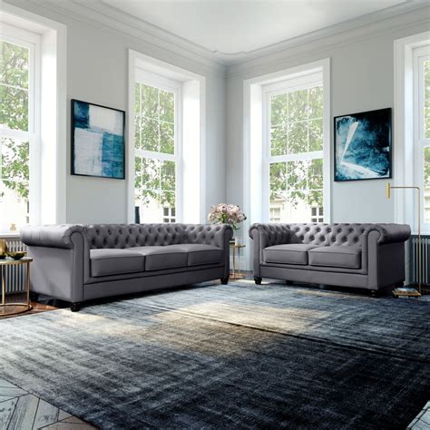 Hampton Grey Leather 3+2 Seater Chesterfield Sofa Set | Furniture Choice