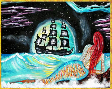 Mermaid painting pirate ship pirates Modern by TarasArtHouse