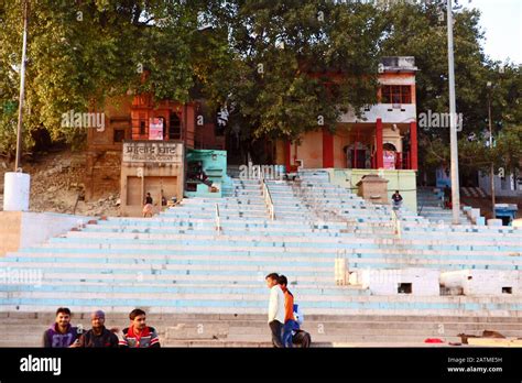 Long view of popular Assi Ghat with several pilgrims, that stands at ...