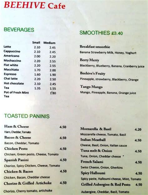 Menu at Beehive cafe, London, 28 Devonshire Rd