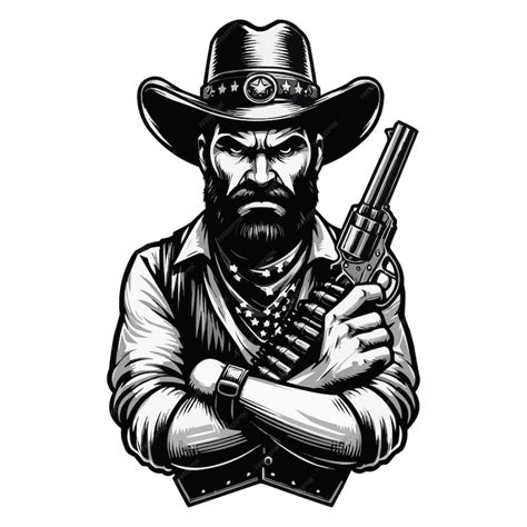 Premium Vector | Black and white vector of an irate cowboy wearing a ...