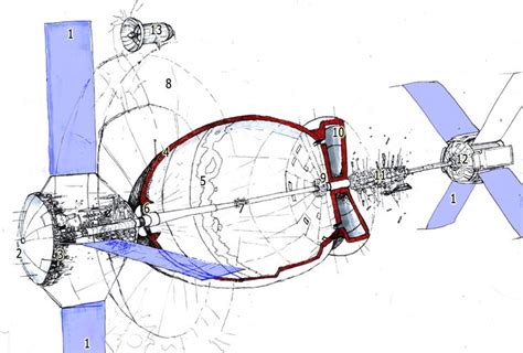 an image of a drawing of a space station in blue and red colors with ...