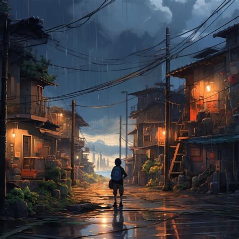 Premium AI Image | Anime scene of a person walking down a street in the ...