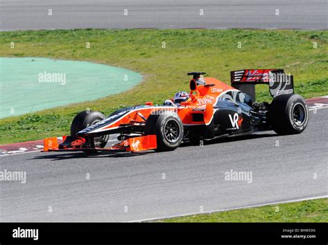 Timo Glock driving for the Virgin Racing team during testing at the Circuit de Catalunya ...