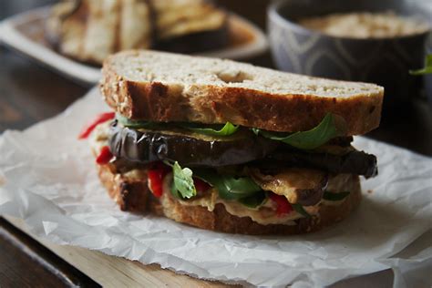 Grilled Eggplant Sandwich with Hummus and Roasted Red Pepper - Daily Ciabatta