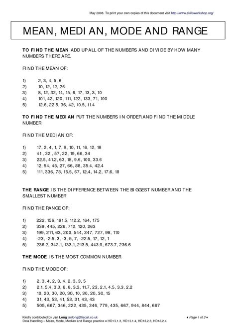 Mean Median Mode Practice Sheet