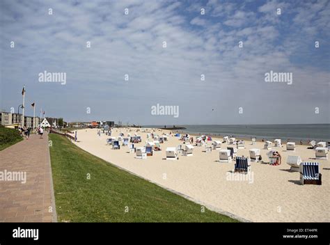 Sylt, Germany, overlooking beach promenade and beach of community ...