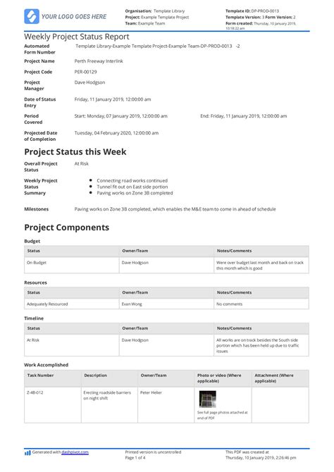 Example of a project status report to copy, use, download or print