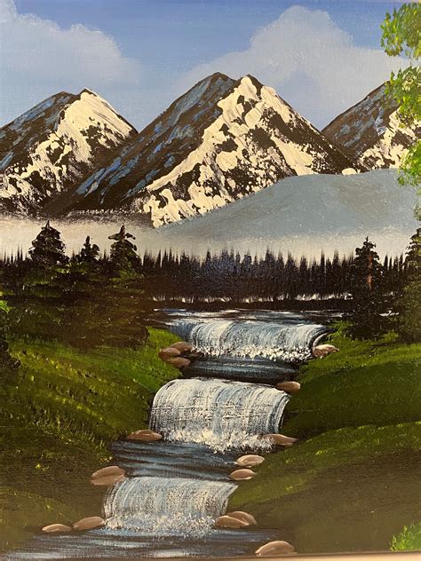 Mountain Waterfall Painting Bob Ross Style Art Rocky | Etsy