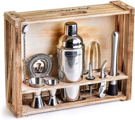 Mixology Bartender Kit: 11-Piece Bar Tool Set with Rustic Wood Stand ...