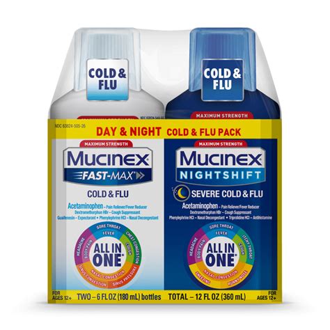 Mucinex Fast-Max Cold & Flu and Nightshift Severe Cold & Flu All-in-One Multi Symptom Relief ...