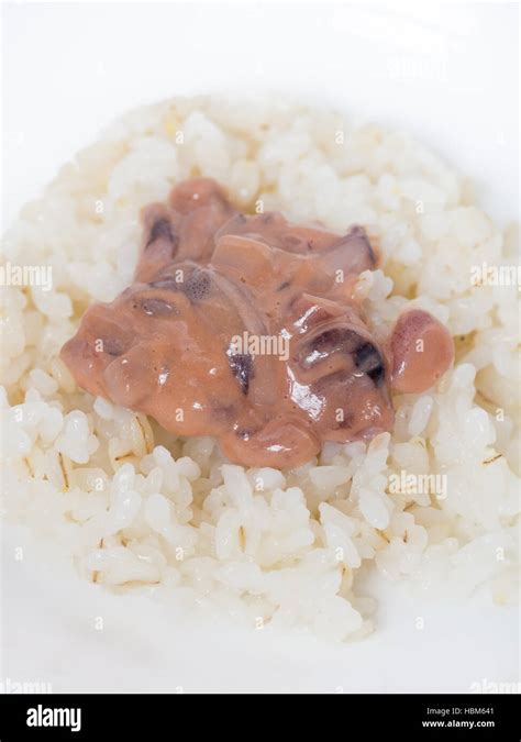 Japanese cuisine, salted squid guts called Ika No Shiokara in Japanese on the rice Stock Photo ...