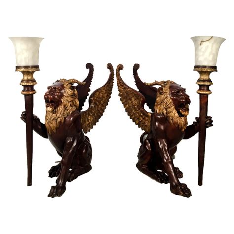 Bronze Winged Lion Lamp Sculpture Set - Florida Bronze Statues, Sculptures and Fountains