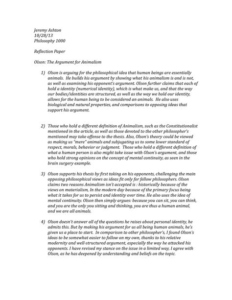 Philosophy Reflection Paper - Jeremy Ashton 10/28/ Philosophy 1000 Reflection Paper Olson: The ...