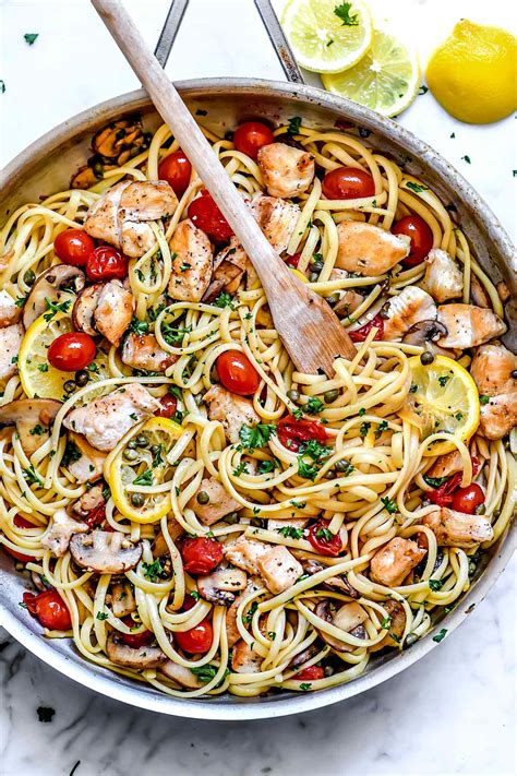 Chicken Piccata Pasta with Tomatoes and Mushrooms| foodiecrush.com