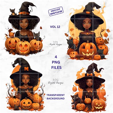 Black Witch PNG, African American Halloween Clipart Bundle, High-resolution Digital Art, Spooky ...