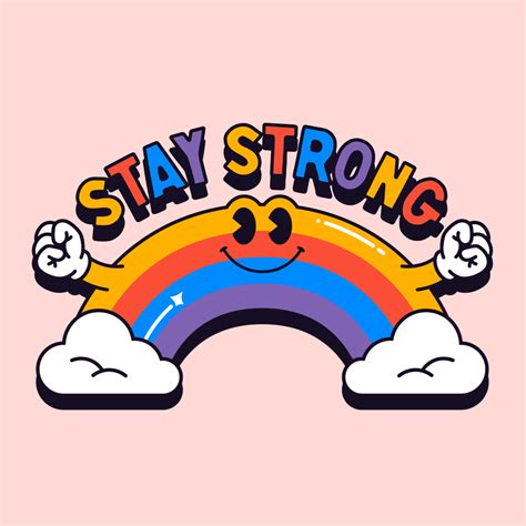 the stay strong rainbow sticker is in front of a pink background with white clouds