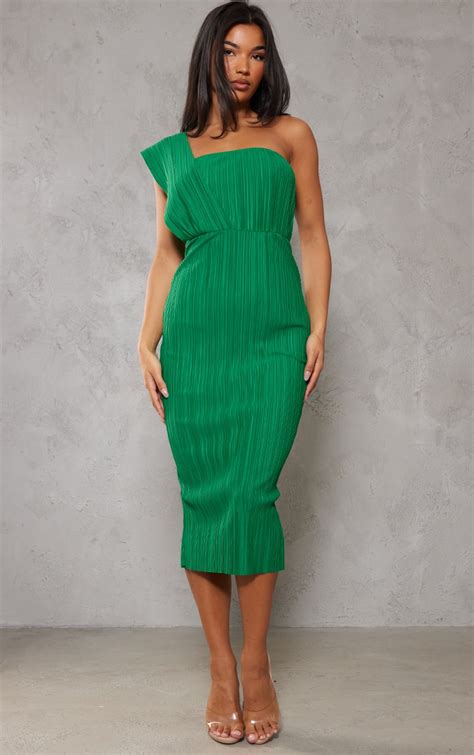 Bright Green One Shoulder Plisse Midi Dress | PrettyLittleThing USA