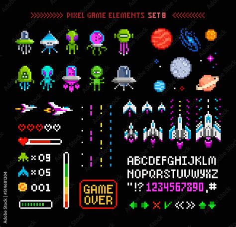 Space Arcade Game Retro Invaders, Pixel Art Video Games And Mon By ...