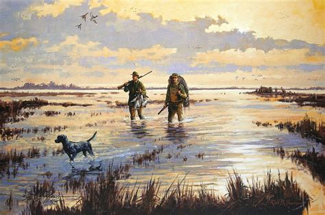 duck hunting | painting of hunters and a dog wading in a marsh at sunrise | Duck Hunting ...