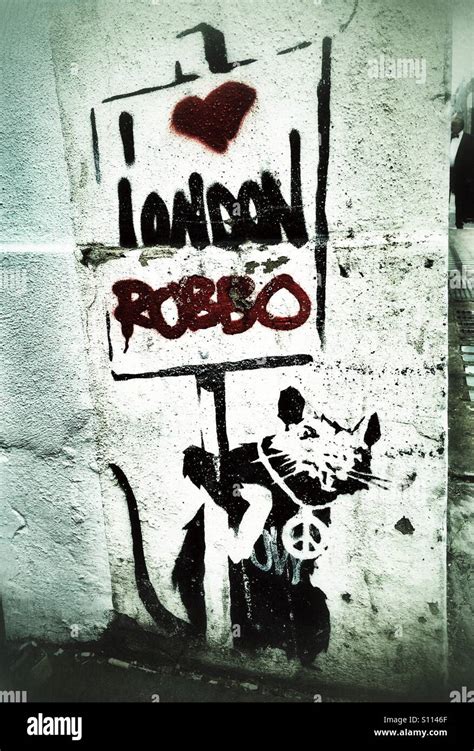 "I love London" graffiti - rat holding a placard done Banksy style but ...