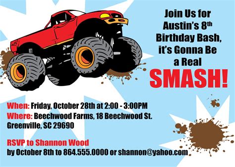 Free Printable Monster Truck Birthday Invitations | Drevio Invitations ...