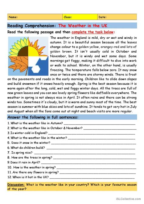 Reading Comprehension: The Weather i…: English ESL worksheets pdf & doc