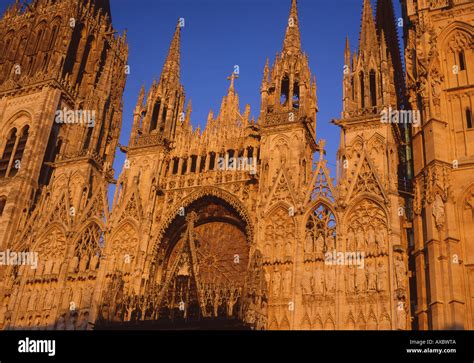 Rouen Cathedral West facade in late evening sunlight Seine Maritime ...