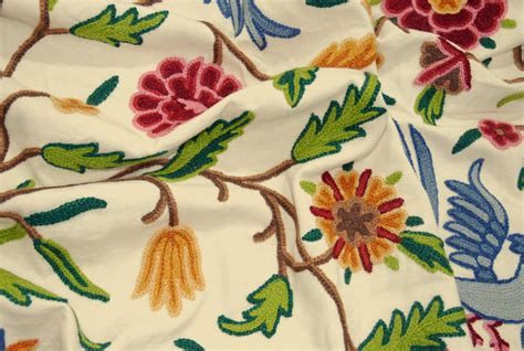 Cotton Crewel Embroidered Fabric "Birds" Cream, Multicolor #BRD333 - Best of Kashmir