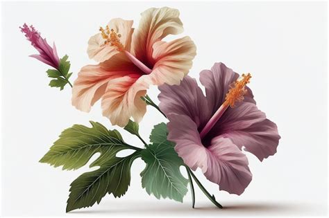 Premium AI Image | A painting of two hibiscus flowers with leaves on a white background.