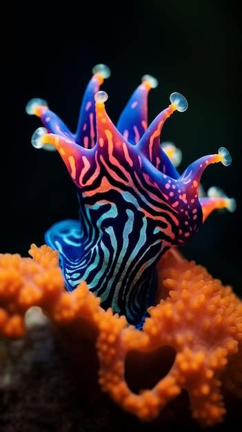 Premium AI Image | brightly colored sea slug on a coral with a black background generative ai