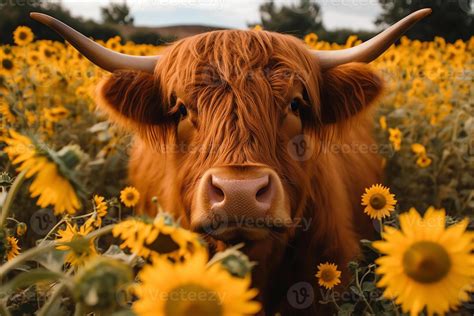 Highland cow face with many various sunflowers. 23379284 Stock Photo at ...